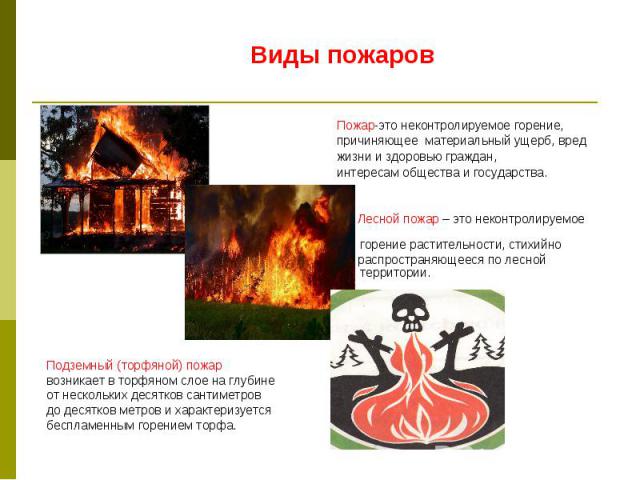 Пожар-это неконтролируемое горение, Пожар-это неконтролируемое горение, причиняющее материальный ущерб, вред жизни и здоровью граждан, интересам общества и государства. Лесной пожар – это неконтролируемое горение растительности, стихийно распростран…