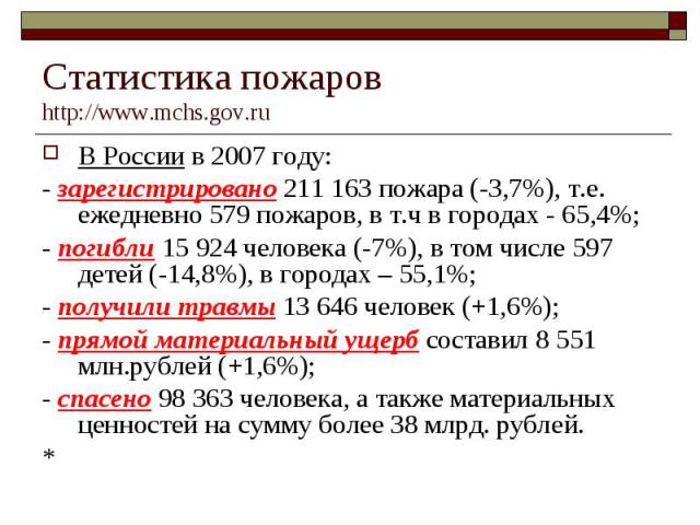 В России в 2007 году: В России в 2007 году: - зарегистрировано 211 163 пожара (-3,7%), т.е. ежедневно 579 пожаров, в т.ч в городах - 65,4%; - погибли 15 924 человека (-7%), в том числе 597 детей (-14,8%), в городах – 55,1%; - получили травмы 13 646 …