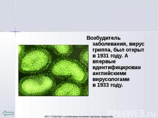 Возбудитель заболевания, вирус гриппа, был открыт в&nbsp;1931&nbsp;году. А вперв