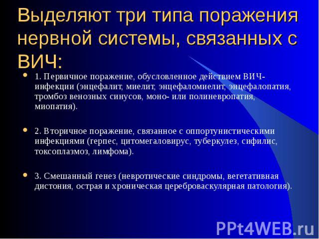 1. Первичное поражение, обусловленное действием ВИЧ-инфекции (энцефалит, миелит, энцефаломиелит, энцефалопатия, тромбоз венозных синусов, моно- или полиневропатия, миопатия). 1. Первичное поражение, обусловленное действием ВИЧ-инфекции (энцефалит, м…