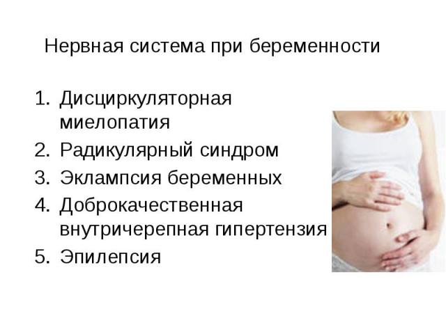 Нервная система при беременности Дисциркуляторная миелопатия Радикулярный синдром Эклампсия беременных Доброкачественная внутричерепная гипертензия Эпилепсия