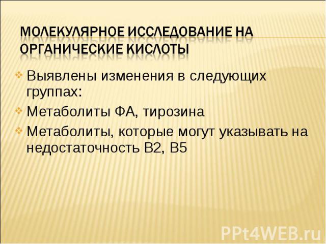 Выявлены изменения в следующих группах: Выявлены изменения в следующих группах: Метаболиты ФА, тирозина Метаболиты, которые могут указывать на недостаточность В2, В5