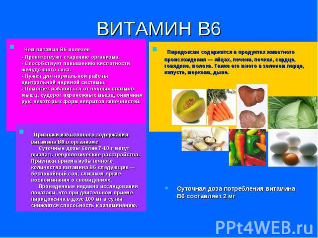 ВИТАМИН В6 Чем витамин B6 полезен - Препятствуют старению организма. - Способствует повышению кислотности желудочного сока. - Нужен для нормальной работы центральной нервной системы. - Помогает избавиться от ночных спазмов мышц, судорог икроножных м…