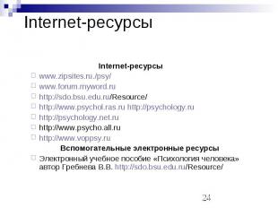 Internet-ресурсы Internet-ресурсы www.zipsites.ru./psy/ www.forum.myword.ru http