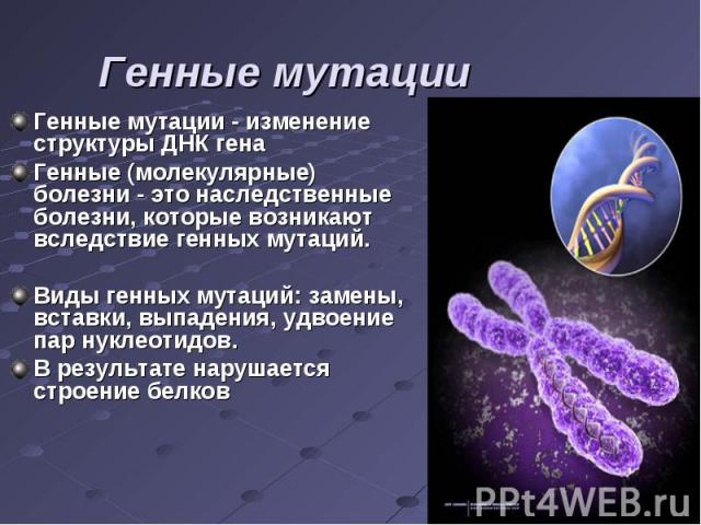 Генные мутации - изменение структуры ДНК гена Генные мутации - изменение структуры ДНК гена Генные (молекулярные) болезни - это наследственные болезни, которые возникают вследствие генных мутаций. Виды генных мутаций: замены, вставки, выпадения, удв…
