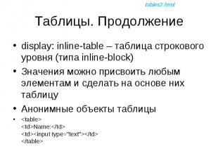 display: inline-table – таблица строкового уровня (типа inline-block) display: i