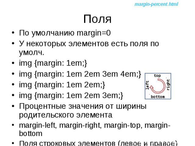 По умолчанию margin=0 По умолчанию margin=0 У некоторых элементов есть поля по умолч. img {margin: 1em;} img {margin: 1em 2em 3em 4em;} img {margin: 1em 2em;} img {margin: 1em 2em 3em;} Процентные значения от ширины родительского элемента margin-lef…