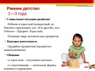 Раннее детство 1—3 года Социальная ситуация развития Ребенок и взрослый (конкрет