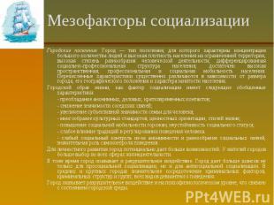 Мезофакторы социализации Городские поселения. Город — тип поселения, для которог