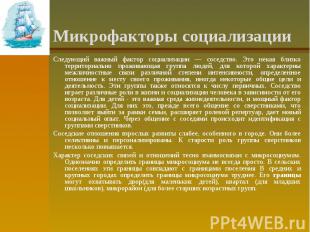 Микрофакторы социализации Следующий важный фактор социализации — соседство. Это