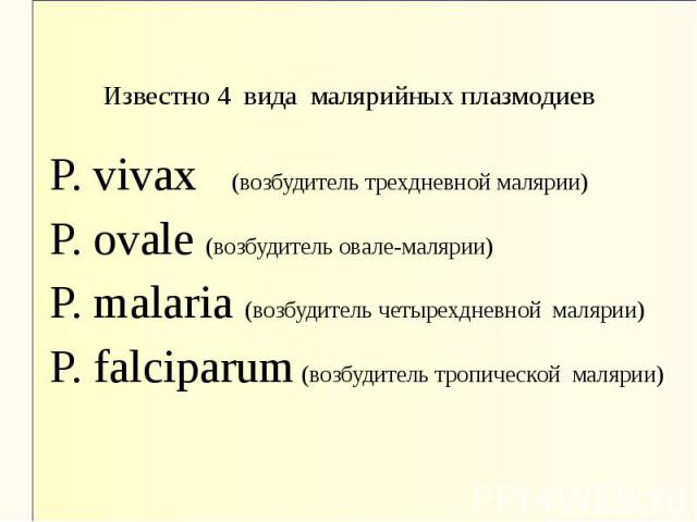 P. vivax (возбудитель трехдневной малярии) P. vivax (возбудитель трехдневной малярии) P. ovale (возбудитель овале-малярии) P. malaria (возбудитель четырехдневной малярии) P. falciparum (возбудитель тропической малярии)