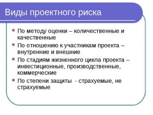 Виды проектного риска По методу оценки – количественные и качественные По отноше