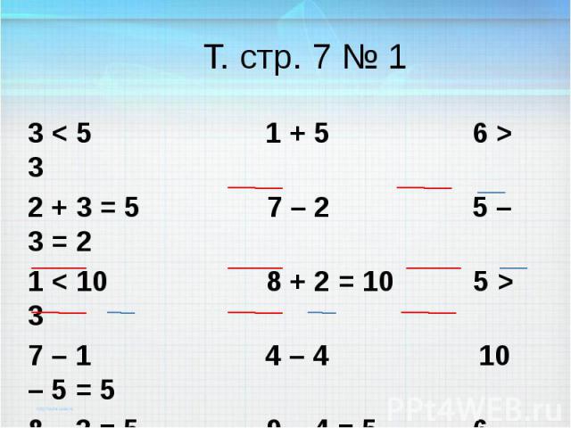 Т. стр. 7 № 1 3 < 5 1 + 5 6 > 3 2 + 3 = 5 7 – 2 5 – 3 = 2 1 < 10 8 + 2 = 10 5 > 3 7 – 1 4 – 4 10 – 5 = 5 8 – 3 = 5 9 – 4 = 5 6 - 5