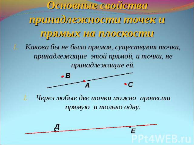 Какова бы не была прямая, существуют точки, принадлежащие этой прямой, и точки, не принадлежащие ей. Какова бы не была прямая, существуют точки, принадлежащие этой прямой, и точки, не принадлежащие ей. Через любые две точки можно провести прямую и т…