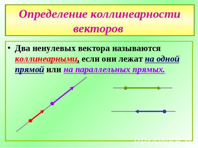 Определение коллинеарности векторов Два ненулевых вектора называются коллинеарными, если они лежат на одной прямой или на параллельных прямых.