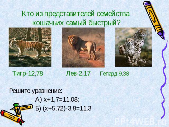 Тигр-12,78 Лев-2,17 Гепард-9,38 Тигр-12,78 Лев-2,17 Гепард-9,38 Решите уравнение: А) х+1,7=11,08; Б) (х+5,72)-3,8=11,3