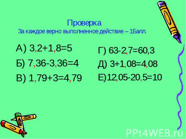А) 3,2+1,8=5 А) 3,2+1,8=5 Б) 7,36-3,36=4 В) 1,79+3=4,79