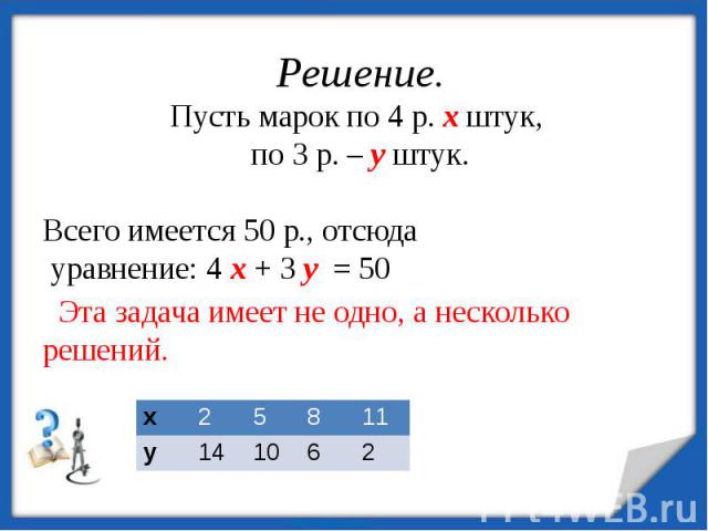 Решение. Пусть марок по 4 р. х штук, по 3 р. – у штук. Всего имеется 50 р., отсюда уравнение: 4 х + 3 у = 50 Эта задача имеет не одно, а несколько решений.