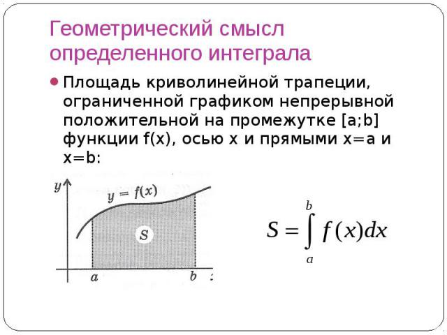 Геометрический смысл определенного интеграла Площадь криволинейной трапеции, ограниченной графиком непрерывной положительной на промежутке [a;b] функции f(x), осью x и прямыми x=a и x=b: