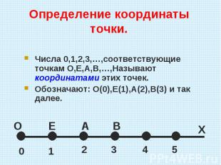 Определение координаты точки. Числа 0,1,2,3,…,соответствующие точкам О,Е,А,В,…,Н