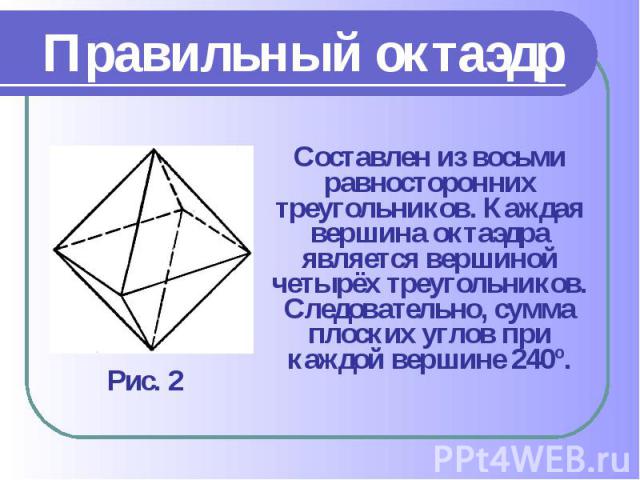 Составлен из восьми равносторонних треугольников. Каждая вершина октаэдра является вершиной четырёх треугольников. Следовательно, сумма плоских углов при каждой вершине 240º. Составлен из восьми равносторонних треугольников. Каждая вершина октаэдра …