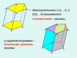 Многоугольники A1A2…An и B1B2…Bn называются основаниями призмы, Многоугольники A