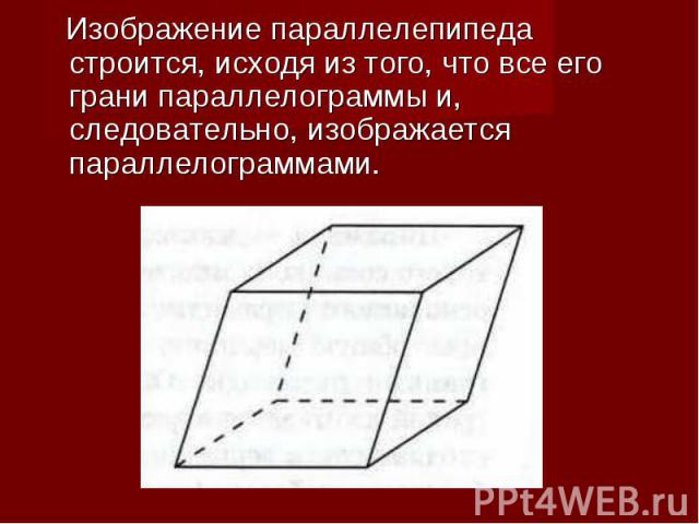 Изображение параллелепипеда строится, исходя из того, что все его грани параллелограммы и, следовательно, изображается параллелограммами. Изображение параллелепипеда строится, исходя из того, что все его грани параллелограммы и, следовательно, изобр…
