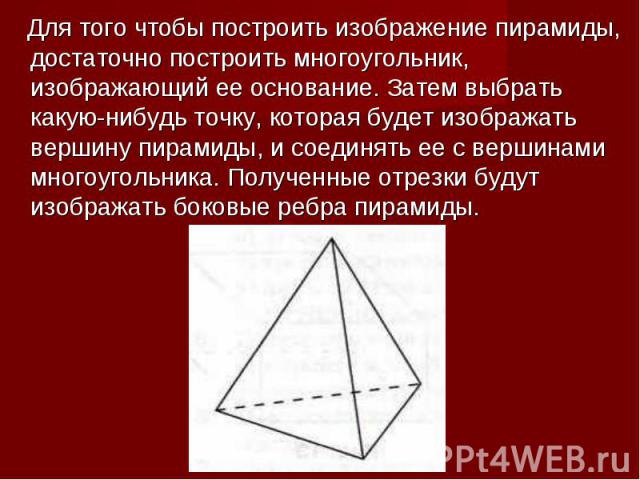 Для того чтобы построить изображение пирамиды, достаточно построить многоугольник, изображающий ее основание. Затем выбрать какую-нибудь точку, которая будет изображать вершину пирамиды, и соединять ее с вершинами многоугольника. Полученные отрезки …