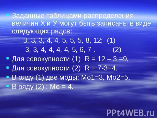 Заданные таблицами распределения величин Х и У могут быть записаны в виде следующих рядов: Заданные таблицами распределения величин Х и У могут быть записаны в виде следующих рядов: 3, 3, 3, 4, 4, 5, 5, 5, 8, 12; (1) 3, 3, 4, 4, 4, 4, 5, 6, 7 . (2) …