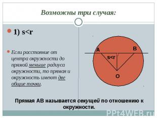 1) s&lt;r 1) s&lt;r Если расстояние от центра окружности до прямой меньше радиус