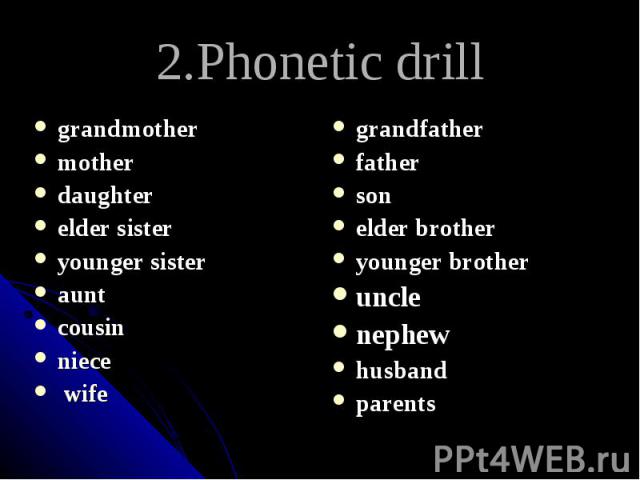 2.Phonetic drill grandmother mother daughter elder sister younger sister aunt cousin niece wife