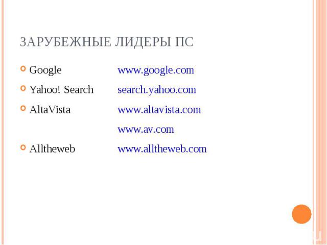 Google www.google.com Google www.google.com Yahoo! Search search.yahoo.com AltaVista www.altavista.com www.av.com Alltheweb www.alltheweb.com