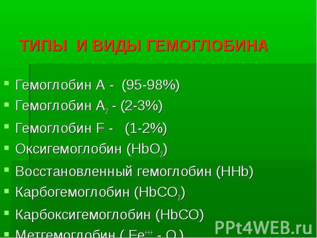 ТИПЫ И ВИДЫ ГЕМОГЛОБИНА Гемоглобин А - (95-98%) Гемоглобин А2 - (2-3%) Гемоглобин F - (1-2%) Оксигемоглобин (HbO2) Восстановленный гемоглобин (HHb) Карбогемоглобин (HbCO2) Карбоксигемоглобин (HbCO) Метгемоглобин ( Fe+++ - O2)