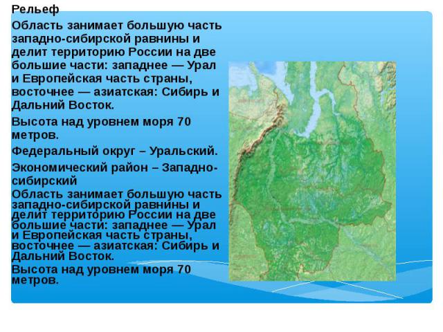 Рельеф Рельеф Область занимает большую часть западно-сибирской равнины и делит территорию России на две большие части: западнее — Урал и Европейская часть страны, восточнее — азиатская: Сибирь и Дальний Восток. Высота над уровнем моря 70 метров. Фед…