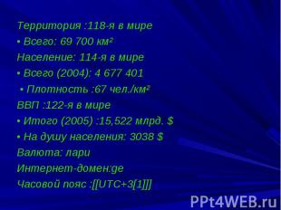 Территория :118-я в мире • Всего: 69 700 км² Население: 114-я в мире &nbsp;&nbsp