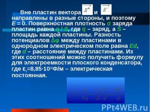 Вне пластин вектора и направлены в разные стороны, и поэтому E&nbsp;=&nbsp;0. По