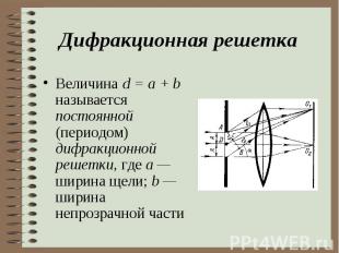 Величина d = a + b называется постоянной (периодом) дифракционной решетки, где а