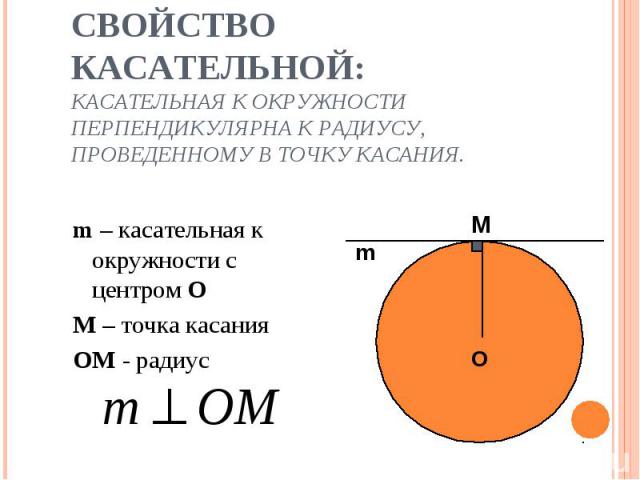 m – касательная к окружности с центром О m – касательная к окружности с центром О М – точка касания OM - радиус