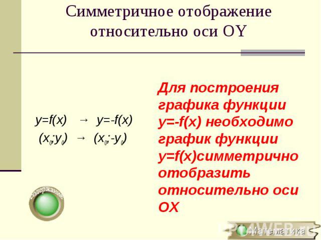 y=f(x) → y=-f(x) (x0;y0) → (x0;-y0)