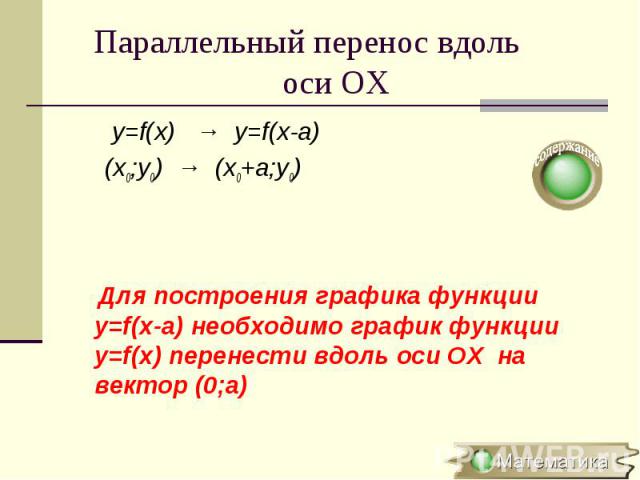 y=f(x) → y=f(x-a) y=f(x) → y=f(x-a) (x0;y0) → (x0+a;y0)