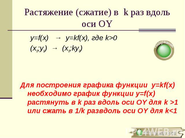 y=f(x) → y=kf(x), где k>0 y=f(x) → y=kf(x), где k>0 (x0;y0) → (x0;ky0)