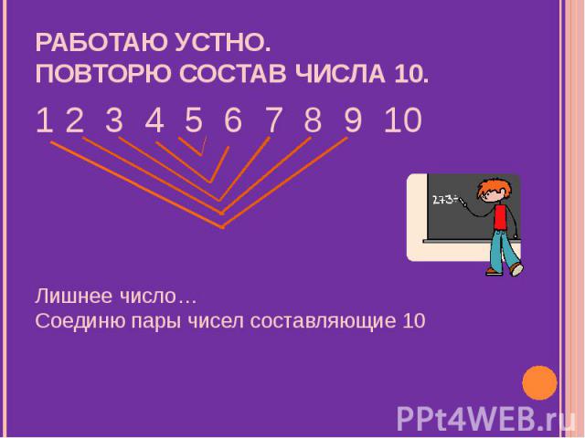 1 2 3 4 5 6 7 8 9 10 1 2 3 4 5 6 7 8 9 10 Лишнее число… Соединю пары чисел составляющие 10