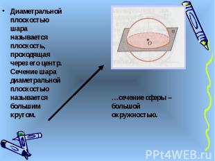 Диаметральной плоскостью шара называется плоскость, проходящая через его центр.