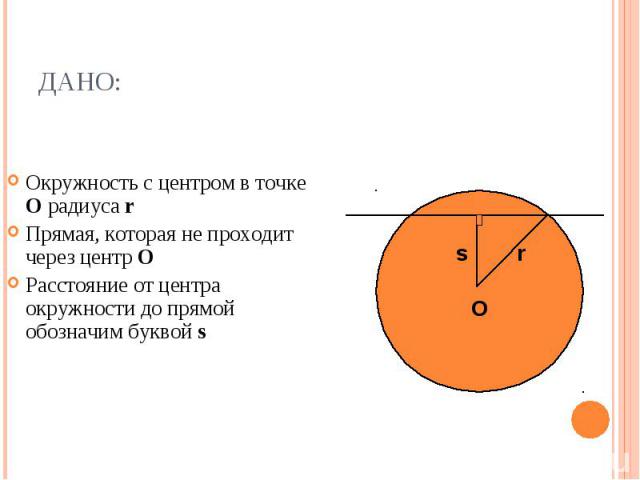 Окружность с центром в точке О радиуса r Прямая, которая не проходит через центр О Расстояние от центра окружности до прямой обозначим буквой s