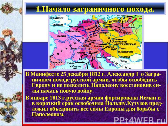 В Манифесте 25 декабря 1812 г. Александр I о Загра-ничном походе русской армии, чтобы освободить Европу и не позволить Наполеону восстановив си-лы начать новую войну. В Манифесте 25 декабря 1812 г. Александр I о Загра-ничном походе русской армии, чт…