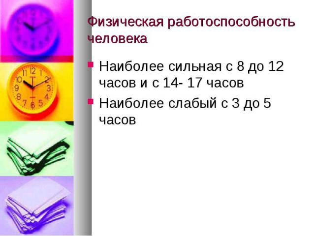 Наиболее сильная с 8 до 12 часов и с 14- 17 часов Наиболее сильная с 8 до 12 часов и с 14- 17 часов Наиболее слабый с 3 до 5 часов