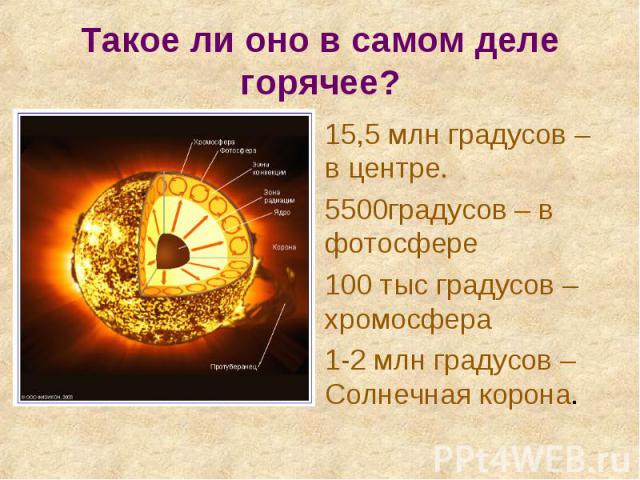15,5 млн градусов – в центре. 15,5 млн градусов – в центре. 5500градусов – в фотосфере 100 тыс градусов – хромосфера 1-2 млн градусов – Солнечная корона.