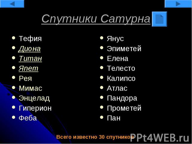 Спутники Сатурна Тефия Диона Титан Япет Рея Мимас Энцелад Гиперион Феба