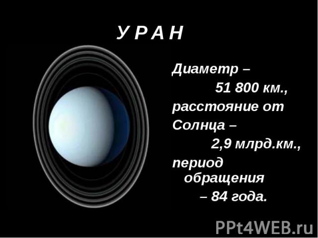 Диаметр – 51 800 км., расстояние от Солнца – 2,9 млрд.км., период обращения – 84 года.