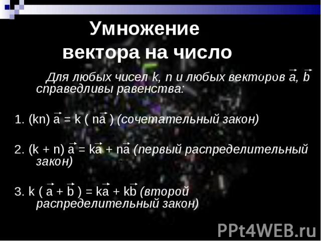 Для любых чисел k, n и любых векторов а, b справедливы равенства: Для любых чисел k, n и любых векторов а, b справедливы равенства: 1. (kn) а = k ( na ) (сочетательный закон) 2. (k + n) а = kа + na (первый распределительный закон) 3. k ( а + b ) = k…